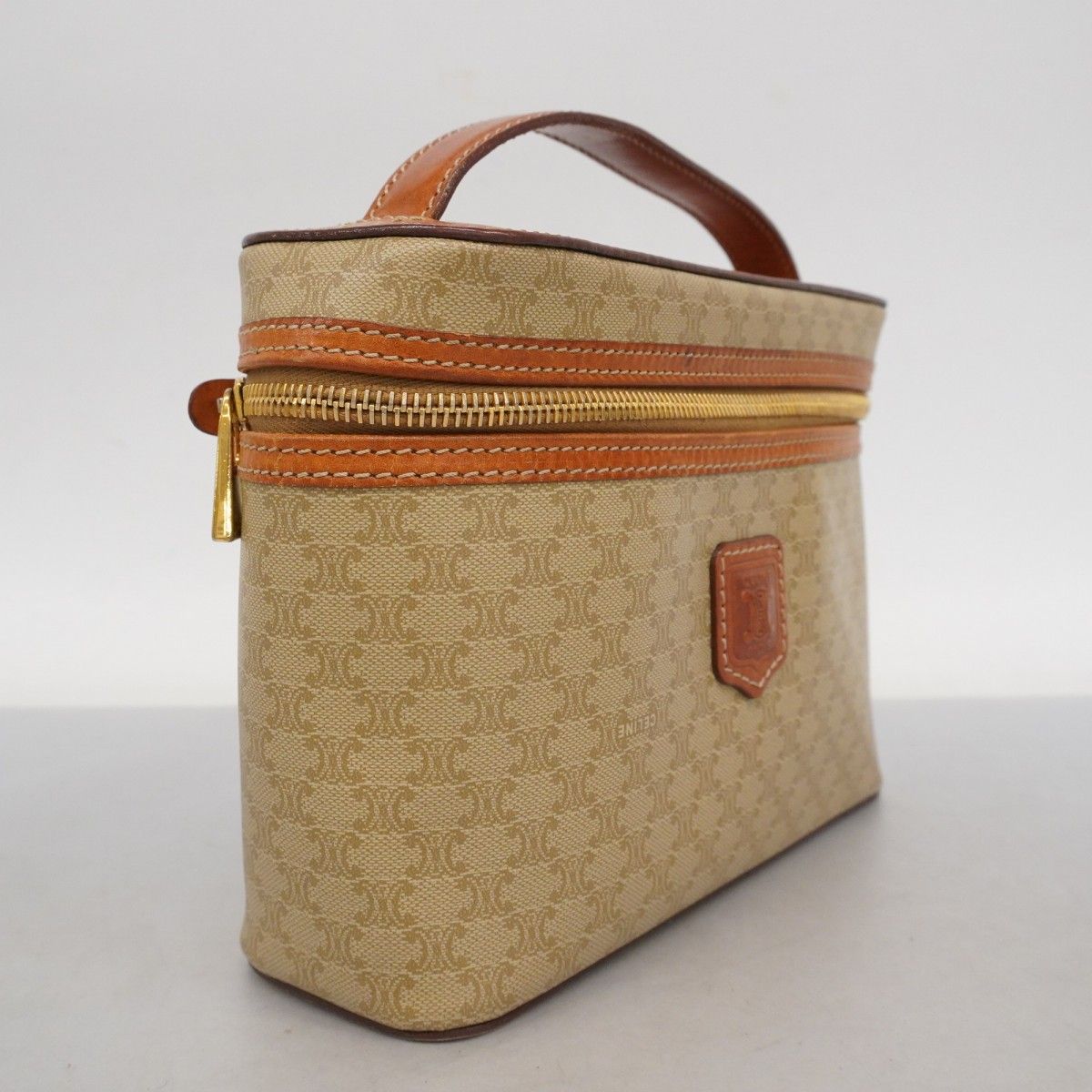 6ab1380-k】セリーヌ バニティバッグ マカダム PVC ブラウン ゴールド