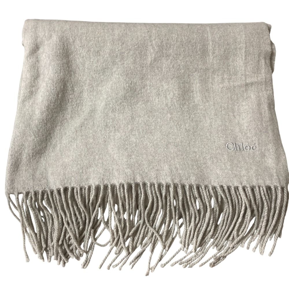 美品 Chloe クロエ カシミヤ100％ ロゴ刺繡 フリンジ 大判 ストール