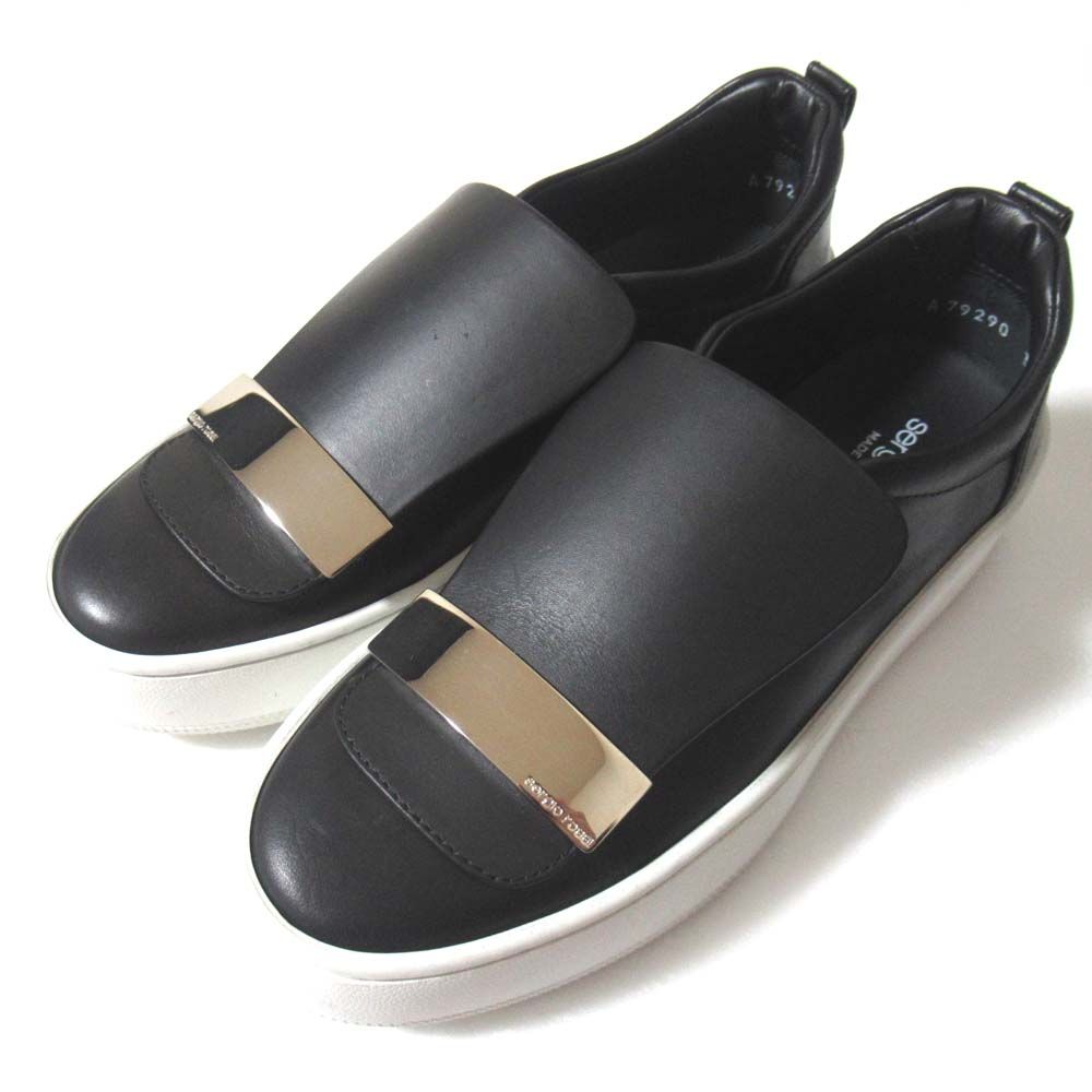 Sergio Rossi セルジオロッシ SR 1 レザー スリッポン スニーカー A 79290 サイズ35 約22 cm ブラック×シルバー金具 レディース 古着