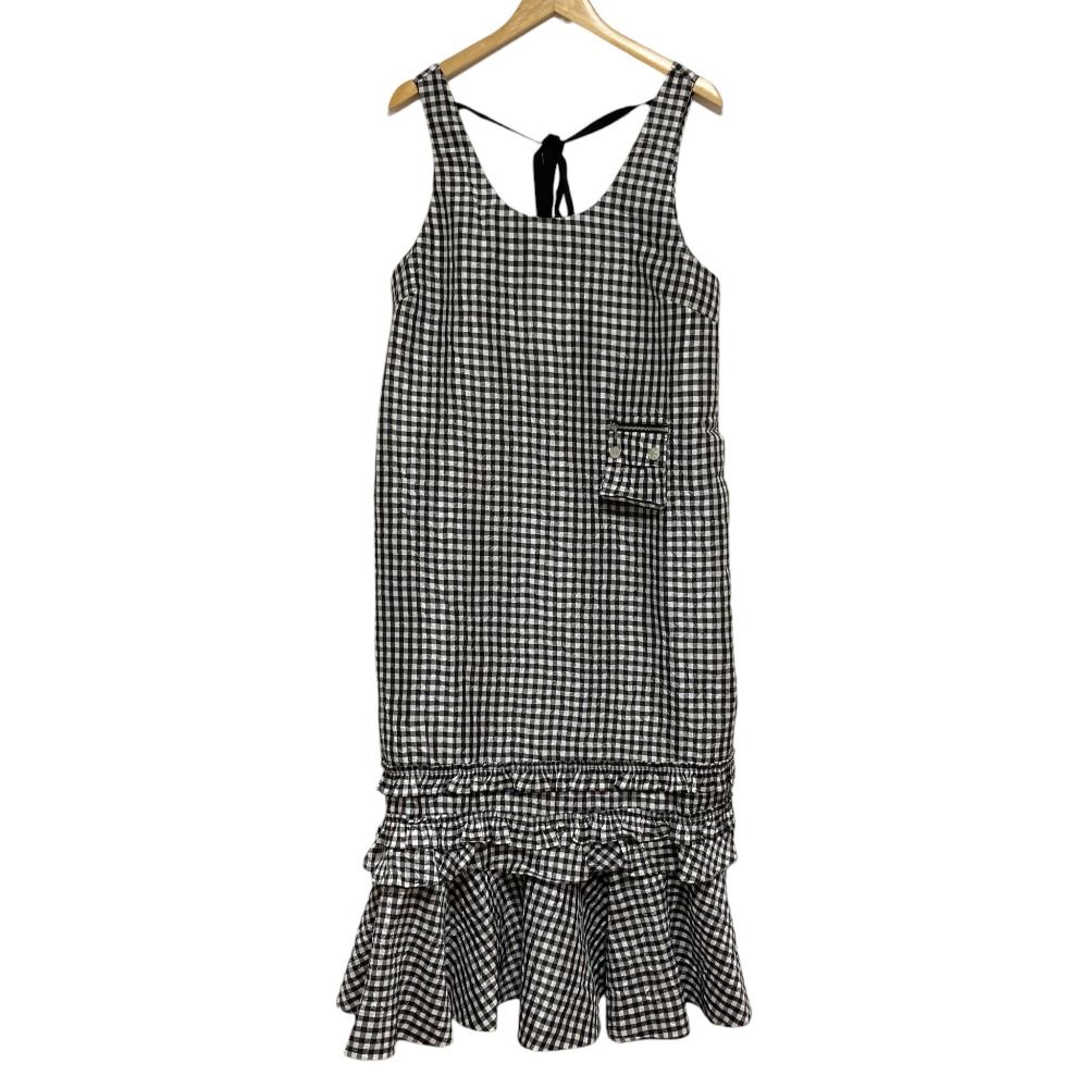 25 SS GANNI ガニー ギンガムチェック フリルドレス ワンピース 6965 サイズ42 ブラック レディース 古着