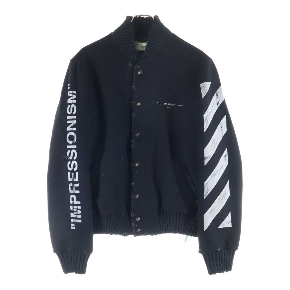 OFF-WHITE オフホワイト STADIUM JACKET ダメージ加工 バックプリント ウール ジャケット スタジャン ブルゾン ブラック