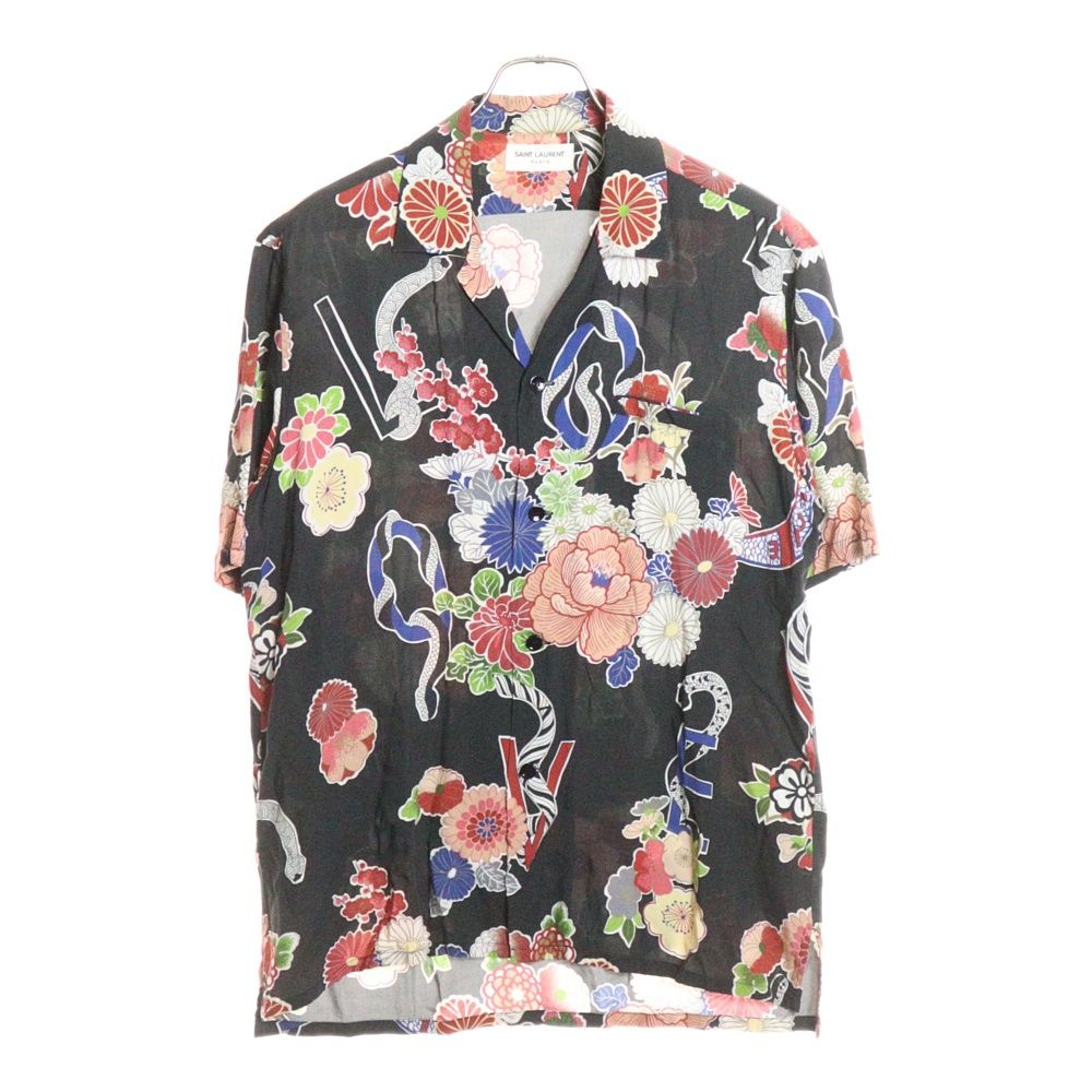 SAINT LAURENT PARIS サンローランパリ 16 SS フロントボタン 総柄レーヨンシャツ ブラック