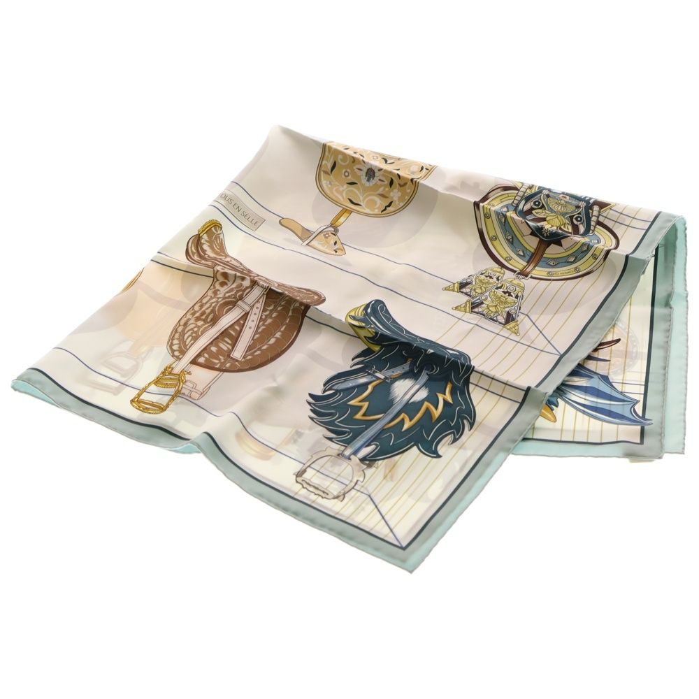 HERMES (エルメス) 25SS CARRE TWILL カレ90 すべては鞍の中に シルク スカーフ ホワイト/ブルー