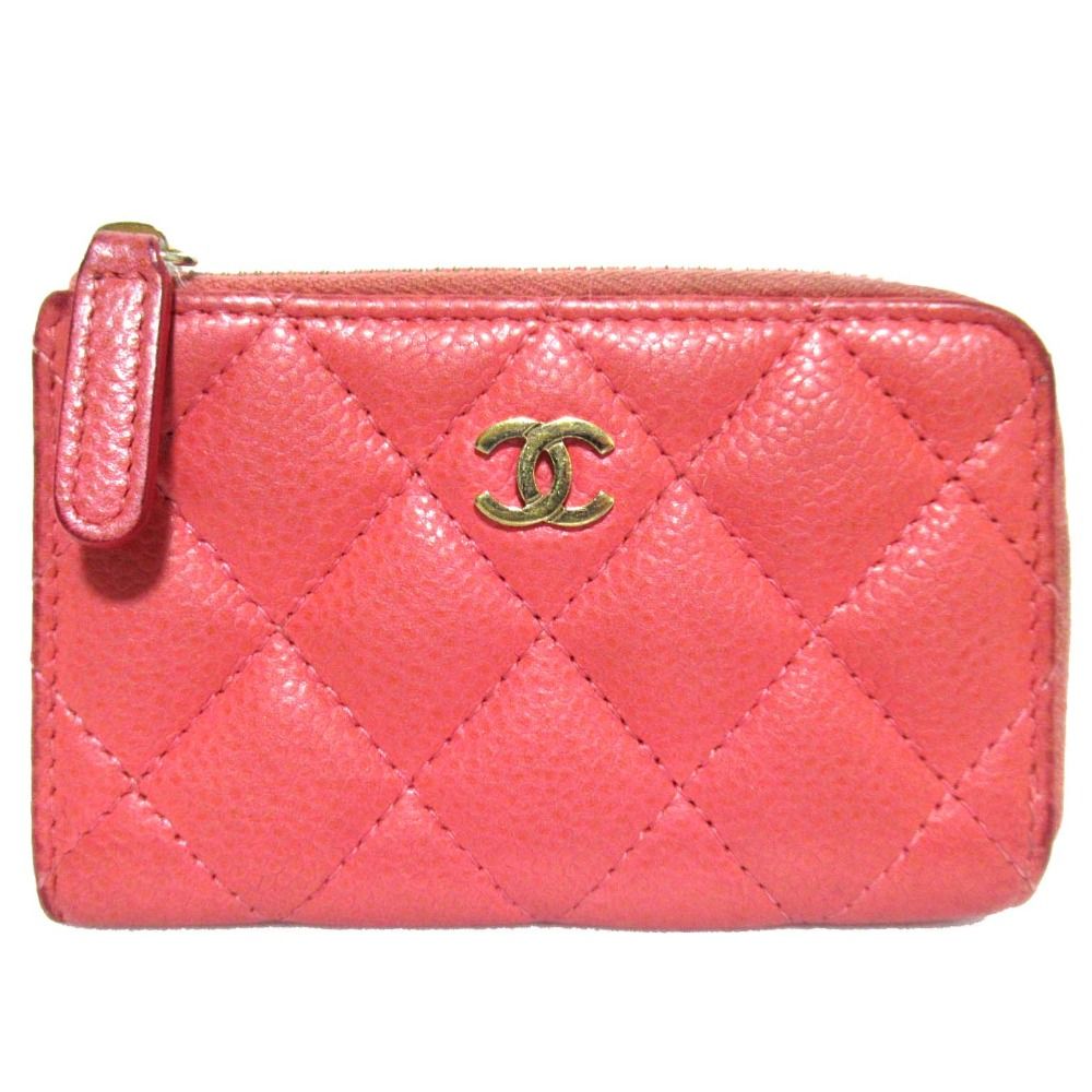 CHANEL シャネル マトラッセ キャビアスキン L字ファスナー コインケース カードケース ピンク レディース 古着