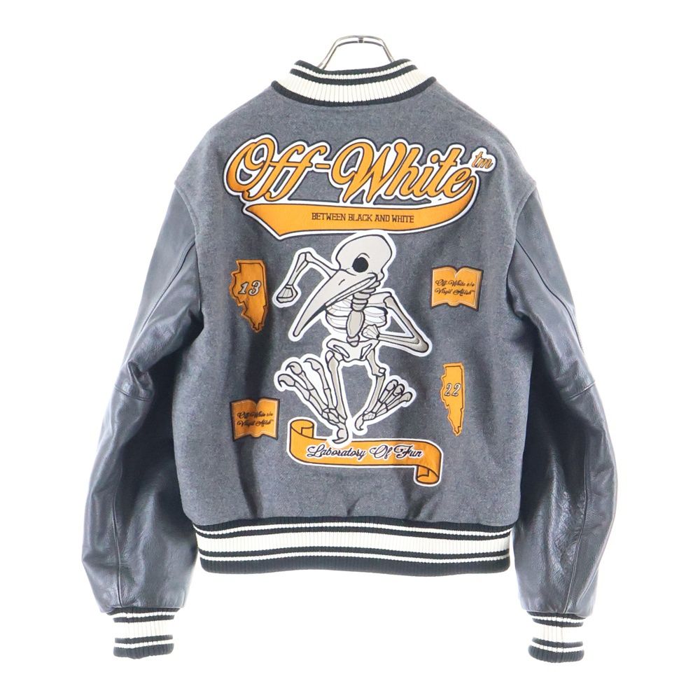 OFF-WHITE オフホワイト 21 AW Leather Varsity Jacket ロゴワッペン 袖レザー切り替え バーシティジャケット スタジャン ブルゾン ブラック