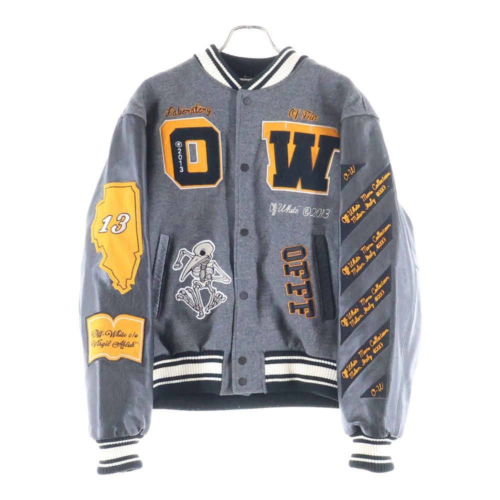 OFF-WHITE オフホワイト 21 AW Leather Varsity Jacket ロゴワッペン 袖レザー切り替え バーシティジャケット スタジャン ブルゾン ブラック