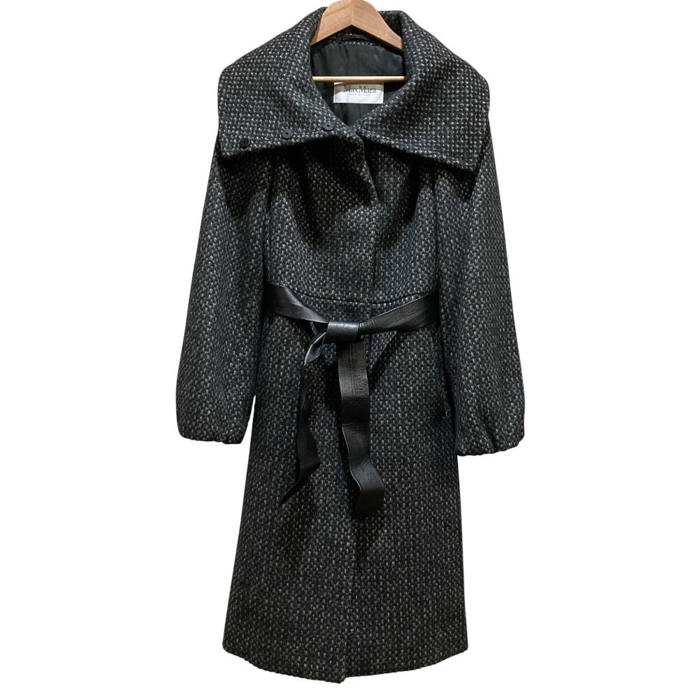 Max Mara マックスマーラ カシミヤブレンド レザーベルテッドコート 女優襟 サイズ40 ブラック レディース 古着
