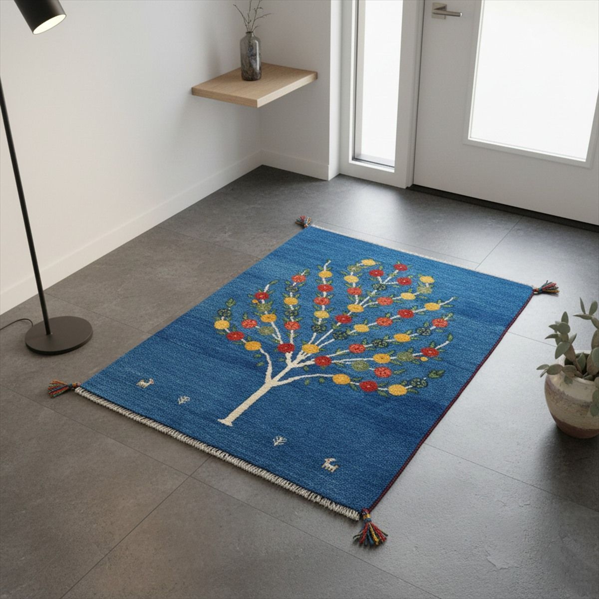 ペルシャ ギャッベ マット大 ラグ 118 x 85 cm 青色 ザクロの木 RJ 14237
