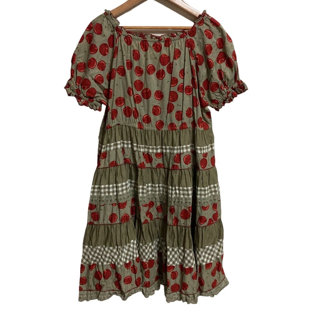 PINK HOUSE ピンクハウス チェリー柄レース ミニフ ワンピース カーキ レディース 古着
