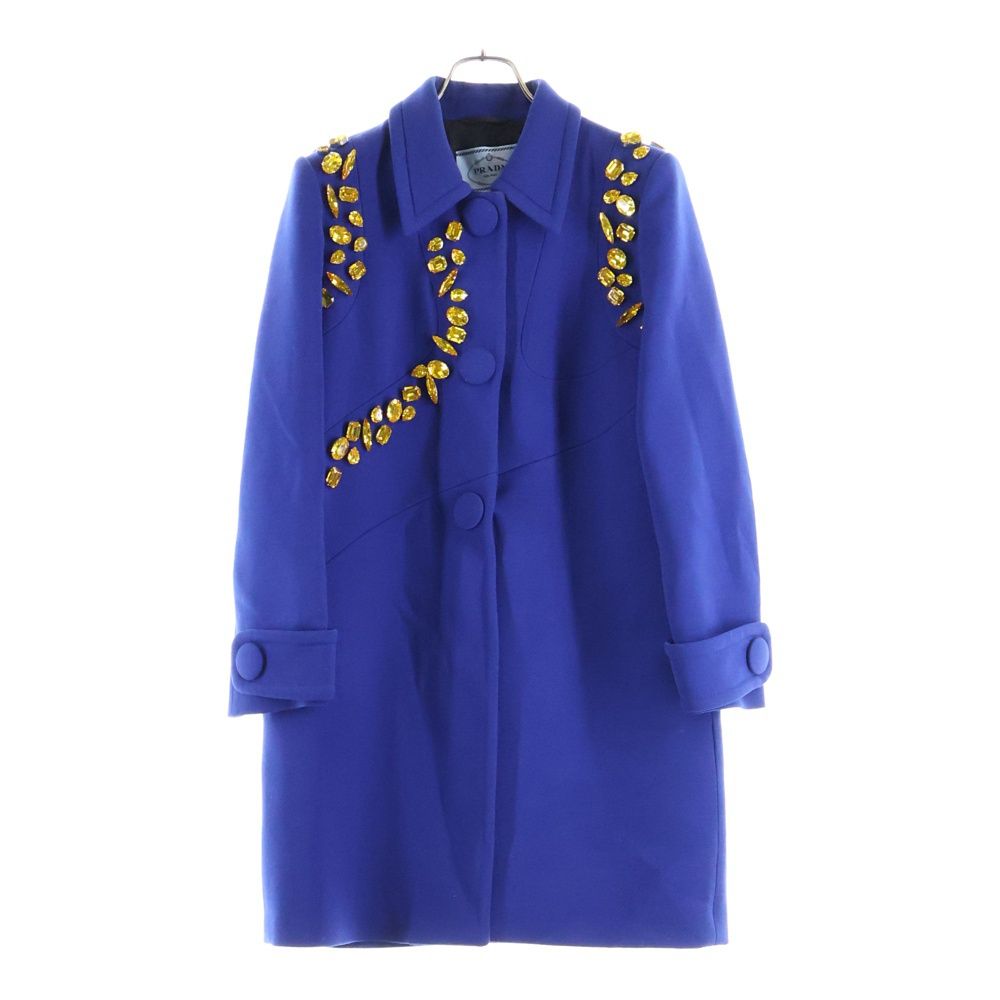 PRADA プラダ ラインストーン装飾 ウールステンカラーコート ブルー レディース