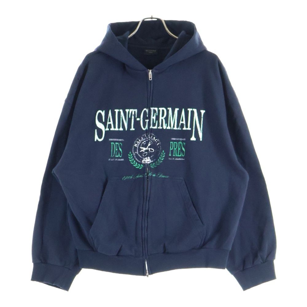バレンシアガ 24 SS SAINT GERMAIN デストロイ加工 フロントロゴ ジップアップスウェットパーカー フーディ ネイビー 803264 TRV 09