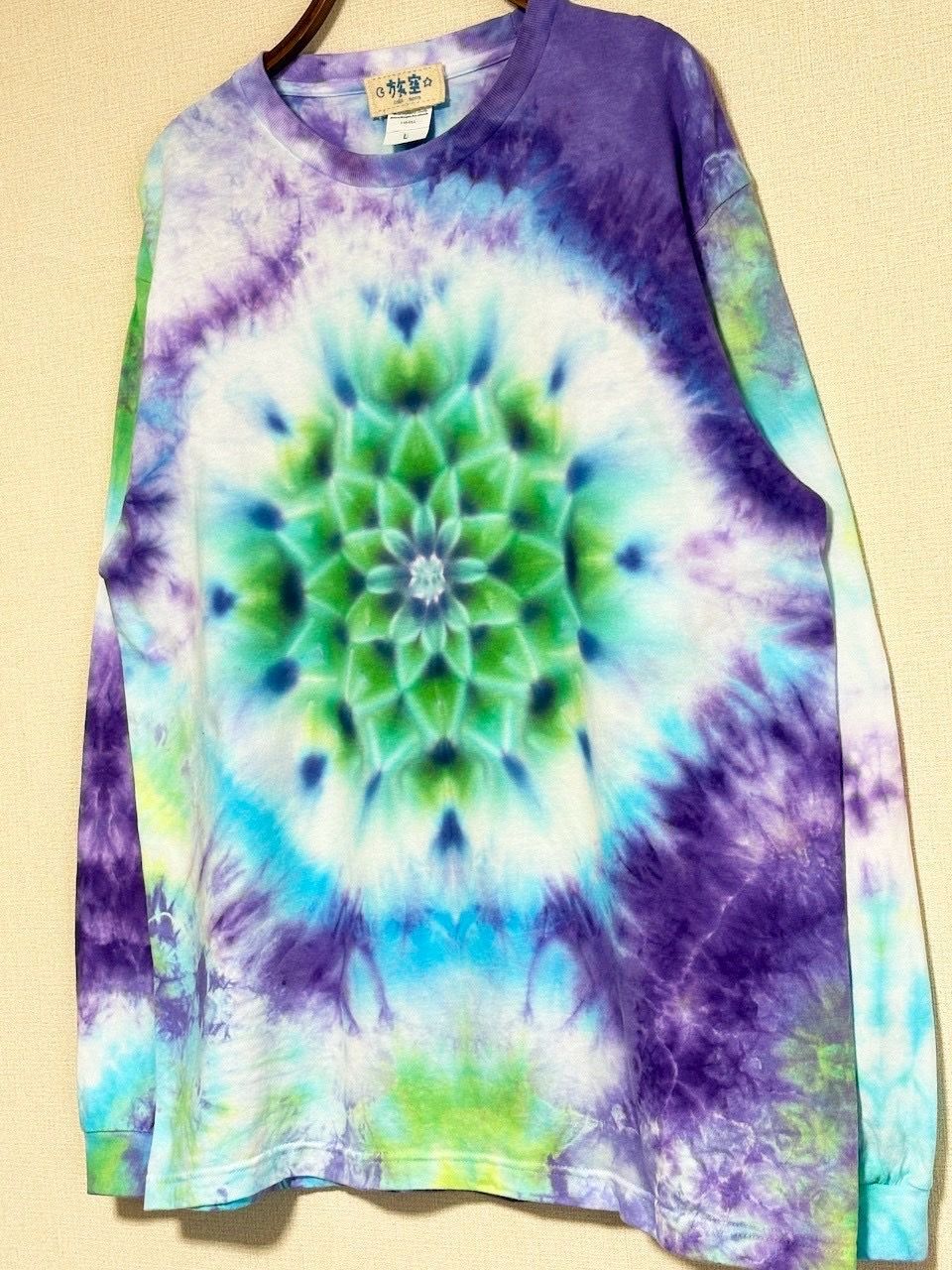 タイダイ 長袖 Tシャツ Lサイズ 曼荼羅模様 パープル×グリーン×ホワイト HD 25-32