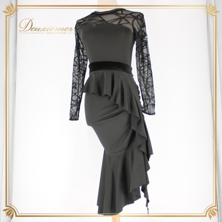 【日本製 社交ダンス衣装】ブラック Corlal ワンピース ドレス 黒 長袖 社交ダンス 衣装 ラテン スタンダード ドレス ワンピース レッスン