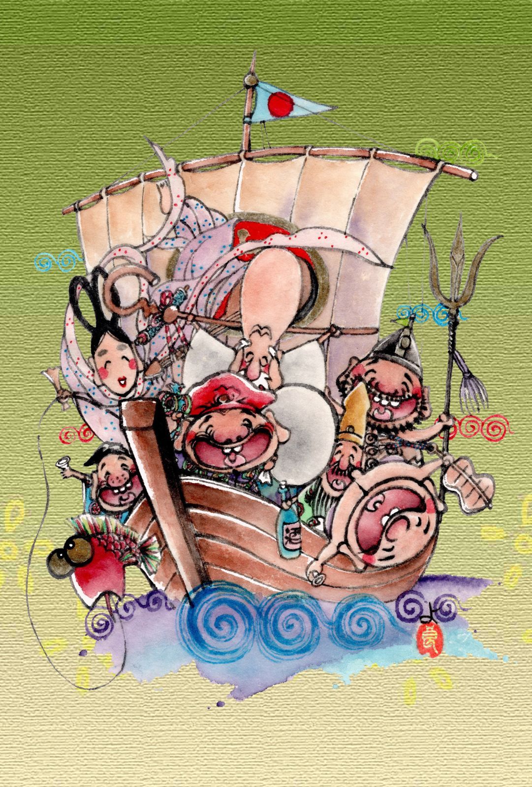 幸せを運ぶ七福神ポストカード｜ほのぼのタッチ福神の絵 3枚セット