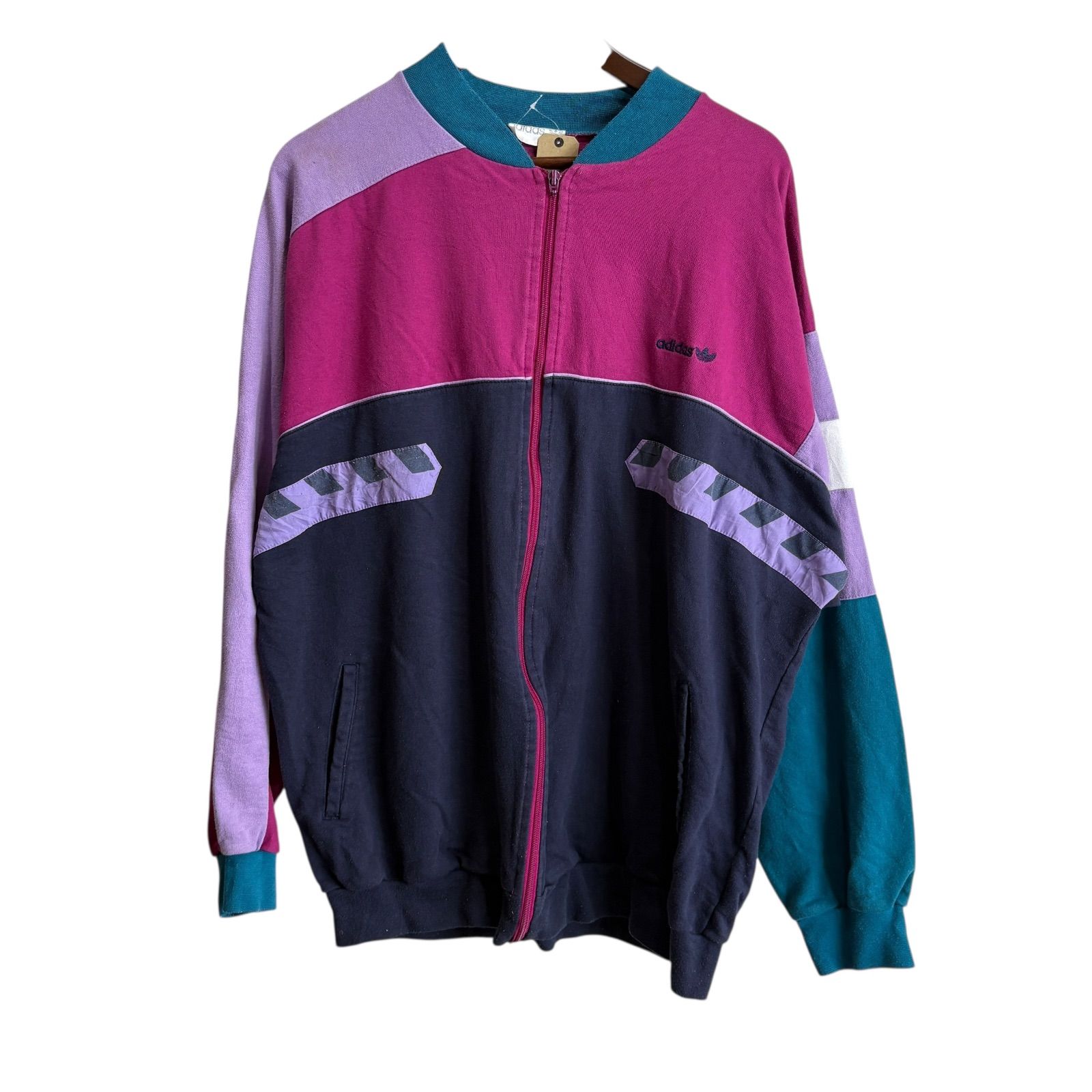 adidas(アディダス) 90S STATEMENT IN SPORT POWER マルチカラー クレイジーパターン スウェット ボロ 襤褸 メンズ  USA:S【中古】【ブランド古着バズストア】 90s'adidas フルジップ スウェットジャケット / クレイジーパターン