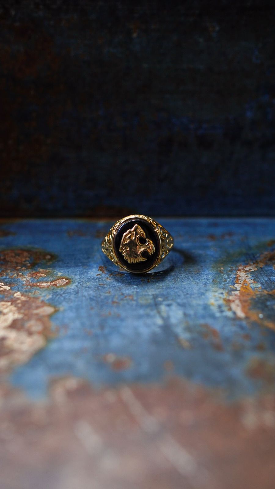 1990-2000 s U.K. VINTAGE 9 ct イエロー ゴールド シグネット リング 9金 オニキス タイガー ヘッド 指輪 ヴィンテージ