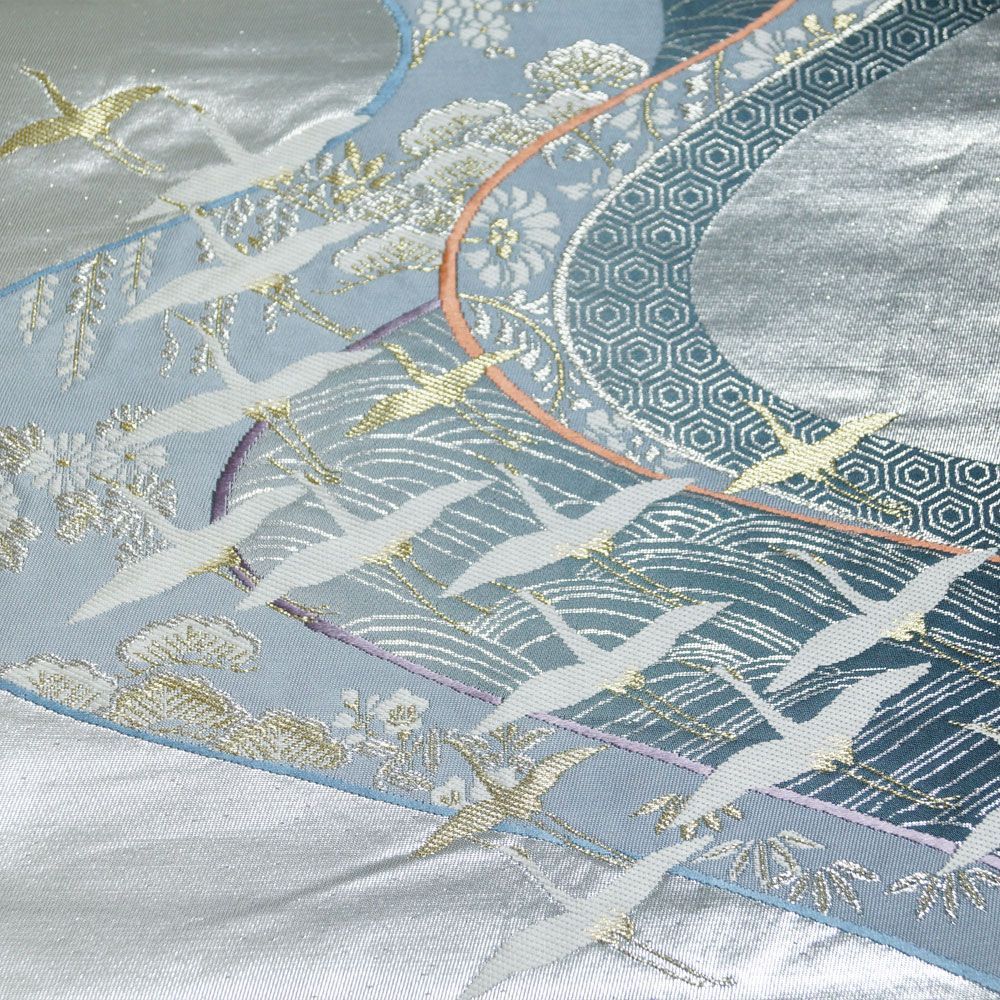 袋帯 道長に飛鶴、松竹梅模様 金・銀糸 六通柄 銀・紺鼠色系ぼかし