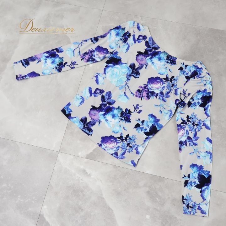 【社交ダンス】チャコット　 Dance　青地花柄トップス 社交ダンス 衣装 トップス ブラウス グレイ系 チャコットロイヤル