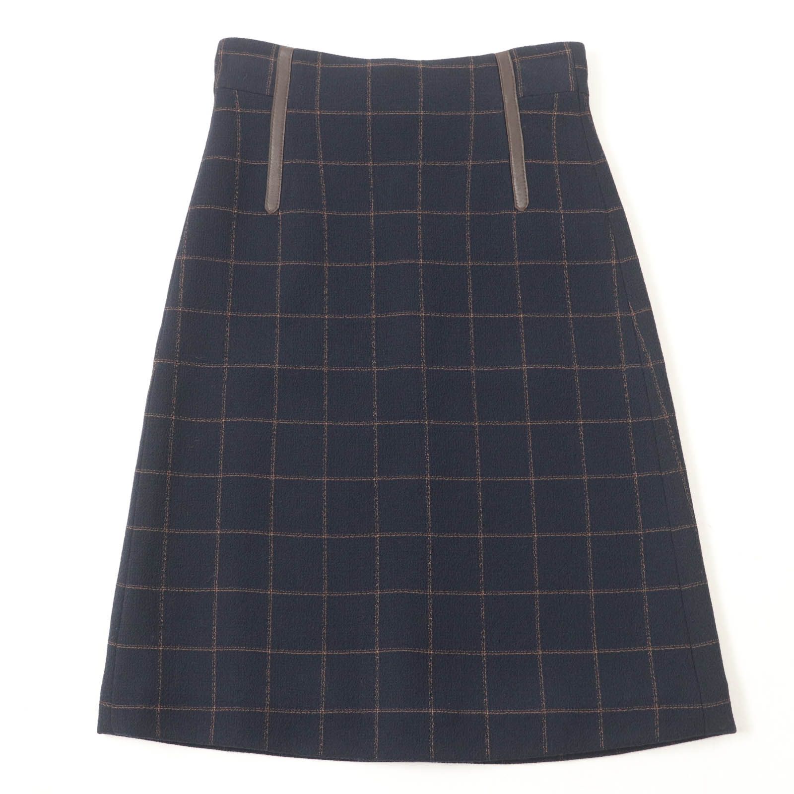 未使用品☆AKRIS アクリス ウール レザートリミング チェック柄 タイトスカート ネイビー 34 スイス製 正規品 レディース 定価119900円 未使用品☆AKRIS アクリス ウール レザートリミング チェック柄 タイト