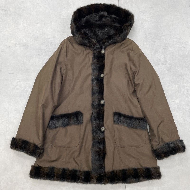 バルマン　リバーシブルファーロングコート　リス　シルク100% Lサイズ　総柄 BALMAIN バルマン コート リバーシブル リスファー シルク 毛皮 フード