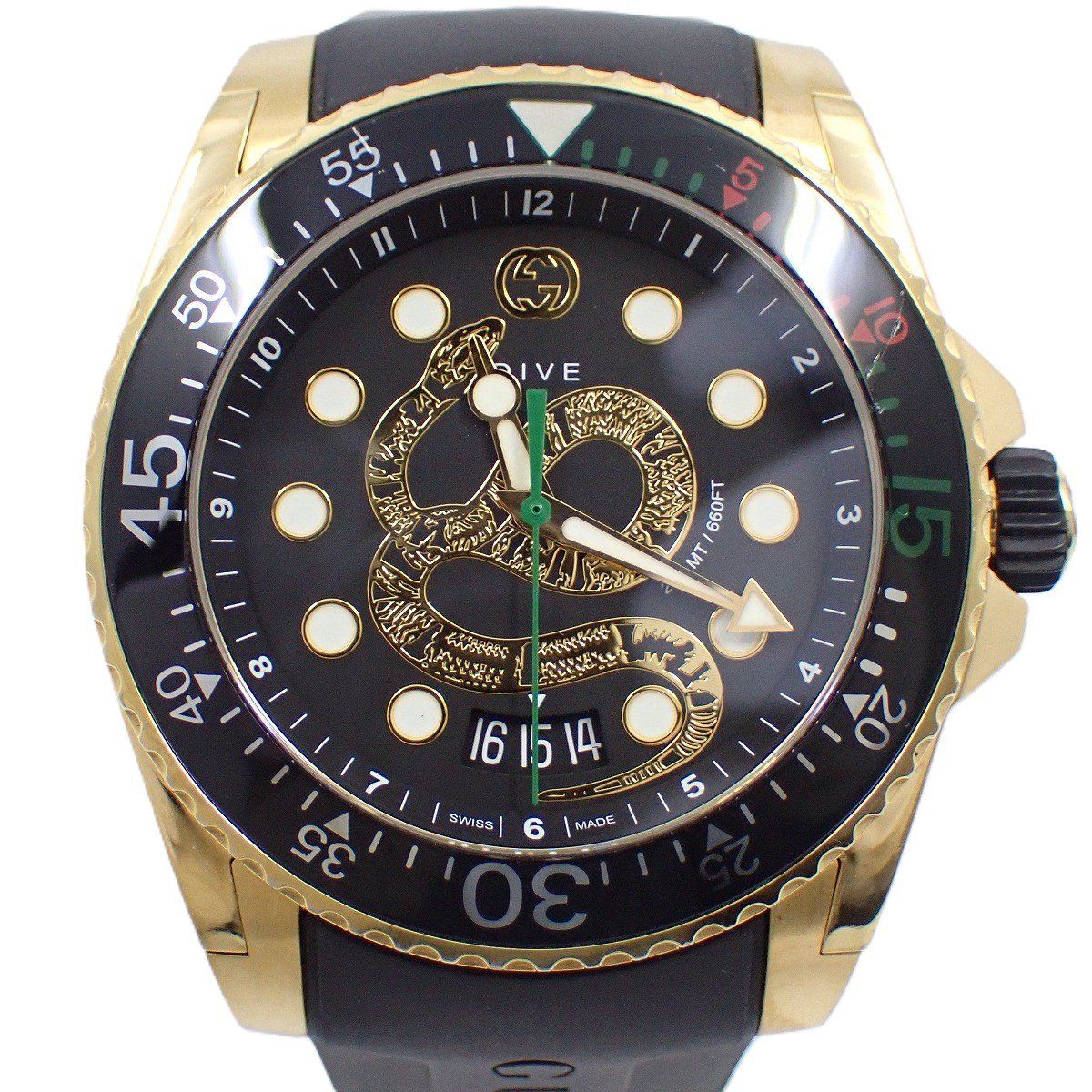 グッチ 136.2 ダイヴ 200 M防水 クォーツ メンズ 腕時計 ゴールドGP スネーク文字盤 ラバーベルト