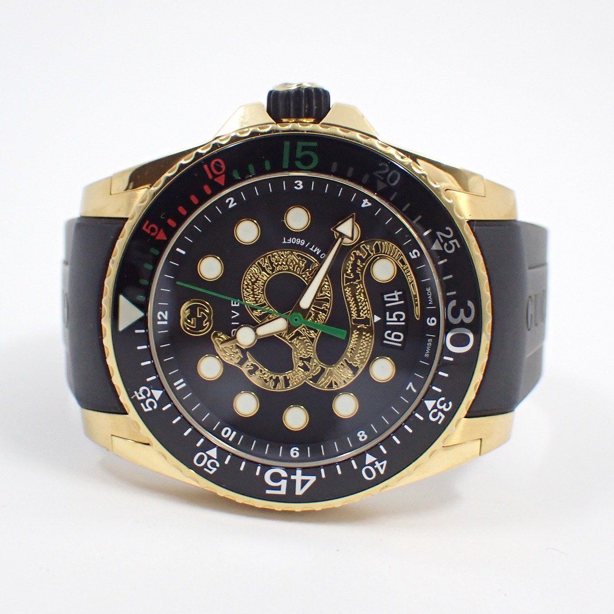 グッチ 136.2 ダイヴ 200 M防水 クォーツ メンズ 腕時計 ゴールドGP スネーク文字盤 ラバーベルト