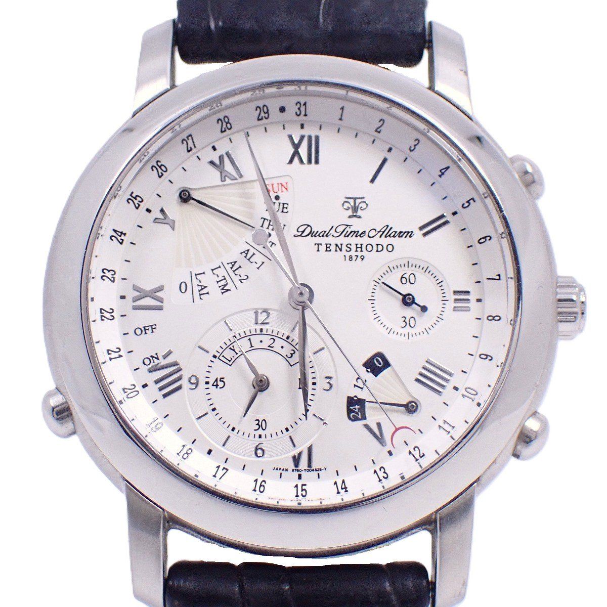 天賞堂 デュアルタイム アラーム クォーツ メンズ 腕時計 白文字盤 革ベルト 6760-T 002749