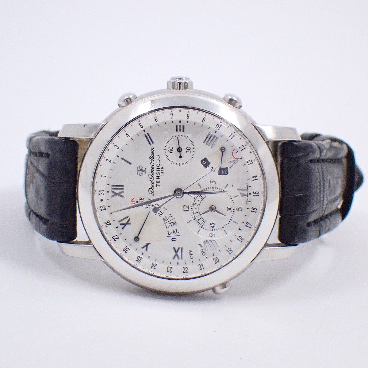 天賞堂 デュアルタイム アラーム クォーツ メンズ 腕時計 白文字盤 革ベルト 6760-T 002749