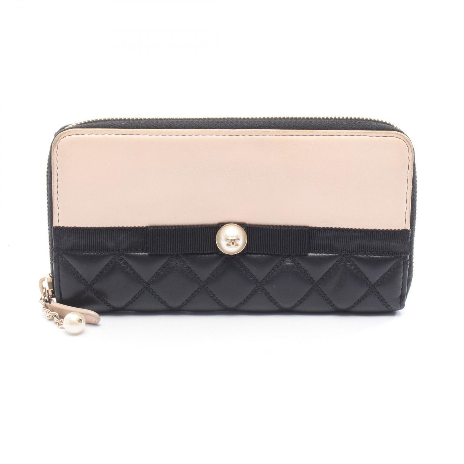 シャネル CHANEL ラウンド長財布 マトラッセ ベージュ|ブラック ラムスキン 羊革 ラウンド財布 レディース B