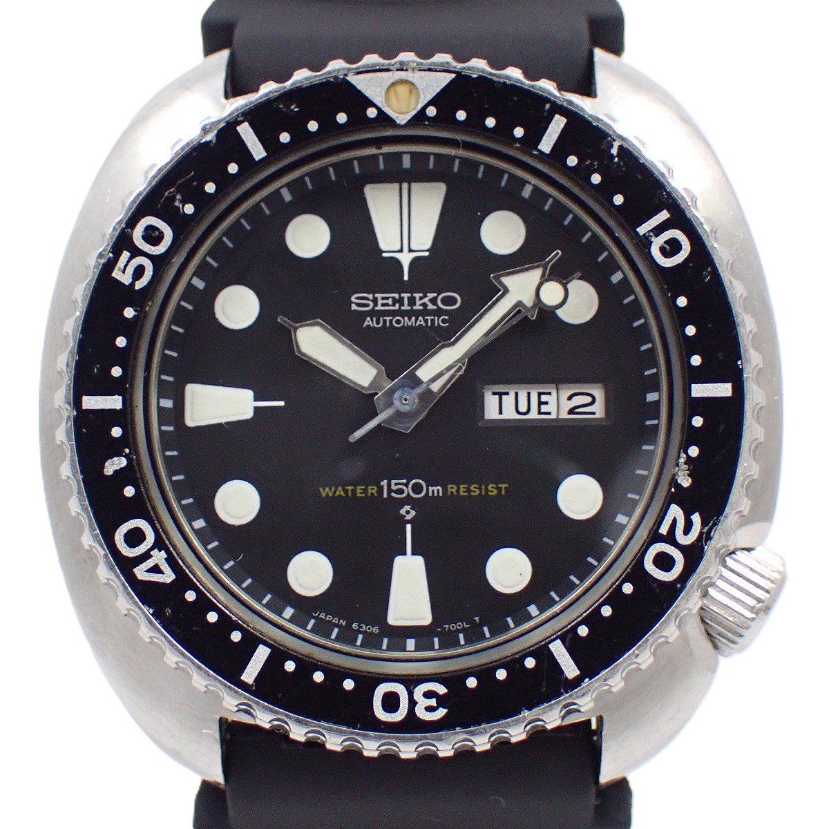 SEIKO セイコー サードダイバー 150M防水 自動巻き メンズ 腕時計 デイデイト 黒文字盤 ウレタンバンド 6306 7001 いおき質店