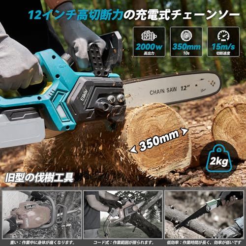 2025新型 Elikliv 12インチ 電動チェーンソー 充電式 切断径 350 mm ブラシレスモーター 自動給油 ツールレス チェーン調節 残量表示 ガーデニング 家庭用 木工切断 大工道具 園芸設備 伐採 薪作り 18 Vバッテリー 60 d 03 ea 5
