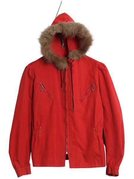 な ! 40 s コットン パーカー ジャケット レディース メンズ XS ヴィンテージ スキー 逆ハの字 コの字 TALON ボールチェーン ファー付き 赤
