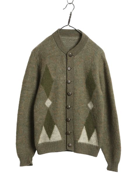 60 s 70 アーガイル シャギー ニット カーディガン メンズ M 程| ヴィンテージ セーター モヘア ウール 毛足 毛長 前開き カーキ 総柄