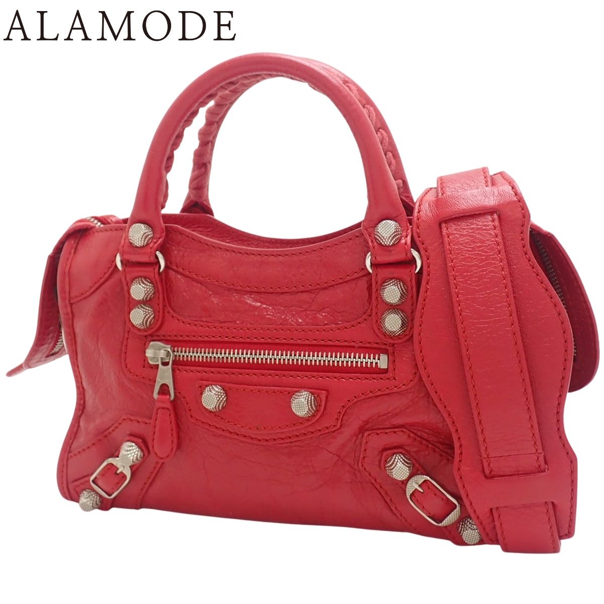 バレンシアガ ミニシティ ハンドバッグ 2 WAY ショルダー 肩掛け レザー レッド赤 シルバー金具 519938 レディース アラモード