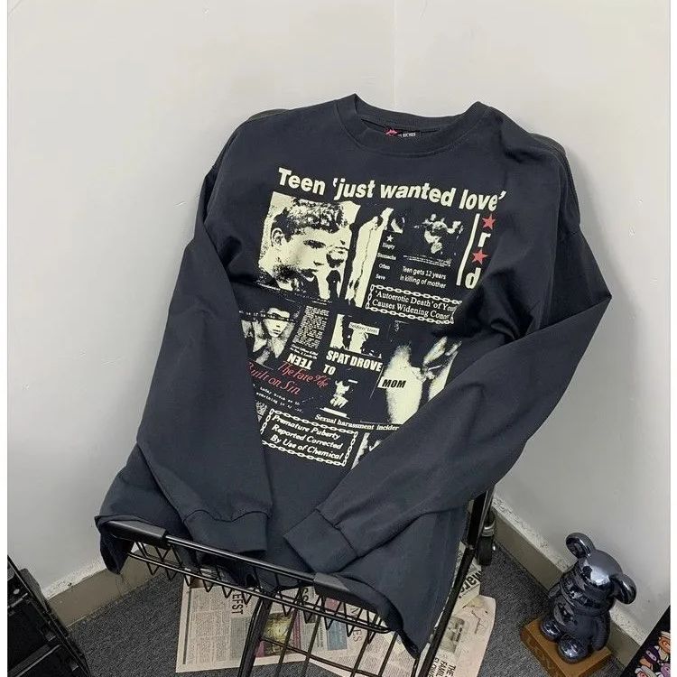 ♥ h ユニセックス アメリカンヴィンテージ 高街系 反骨ユース グラフィティ風 ウォッシュ加工 長袖Tシャツ ビッグシルエット 春秋 ストリート カジュアル メンズ レディース