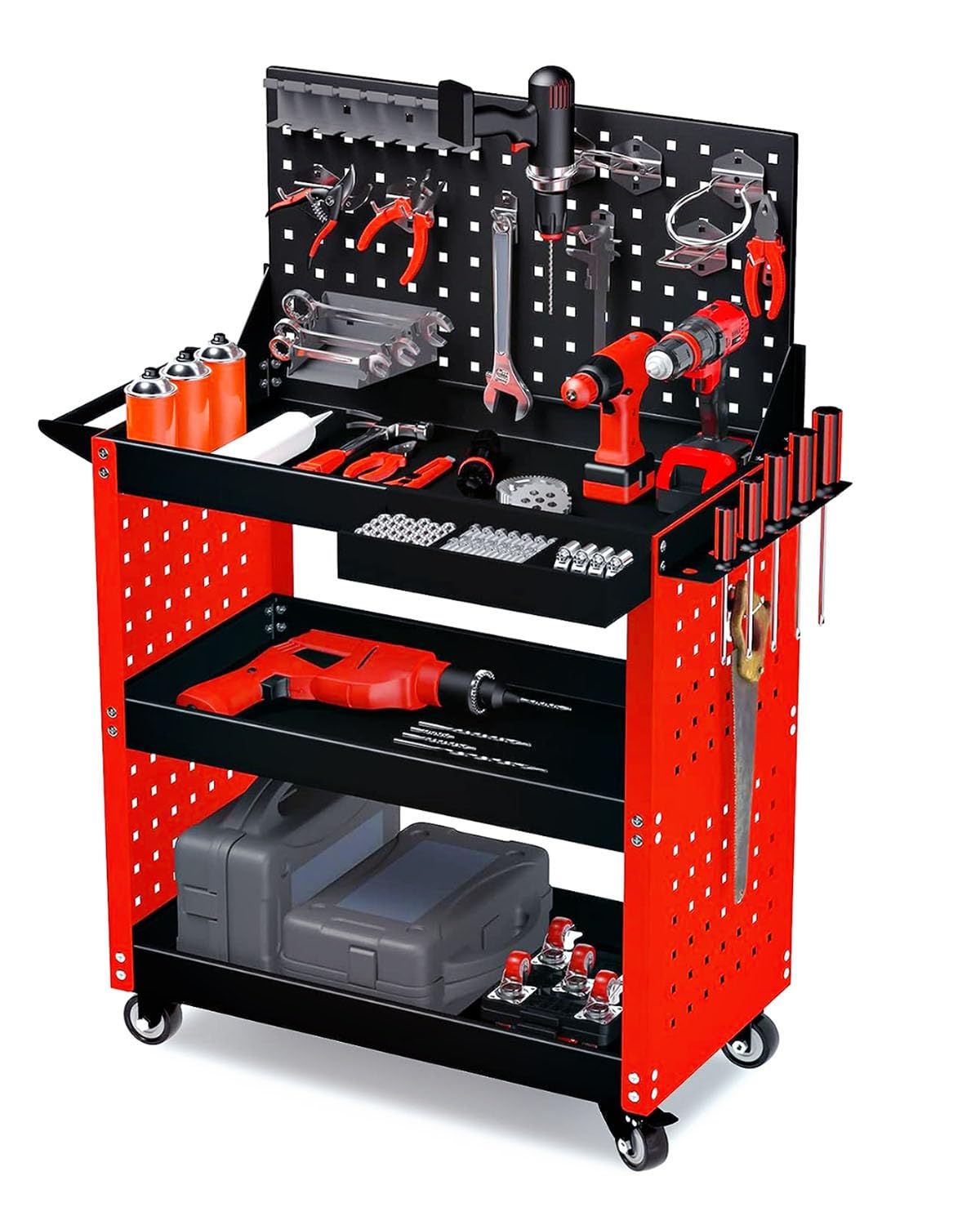 ツールワゴン ツールカート 工具ワゴン 工具カート 3段 キャスター付 ドライバーホール メッシュパネル 側面プレート 耐荷重195 KG 360度回転 ハンドル レッド フック付き DIY ガレージ 収納ボックス付