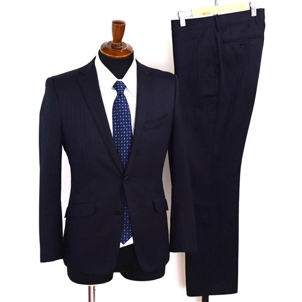 スーツセレクト シルク混 2つボタン シングルスーツ S Y 4 ダークネイビー ストライプ ノータック 袖口4つ釦 開き見せ 春秋 5 XL 087 メンズビジネス 202512