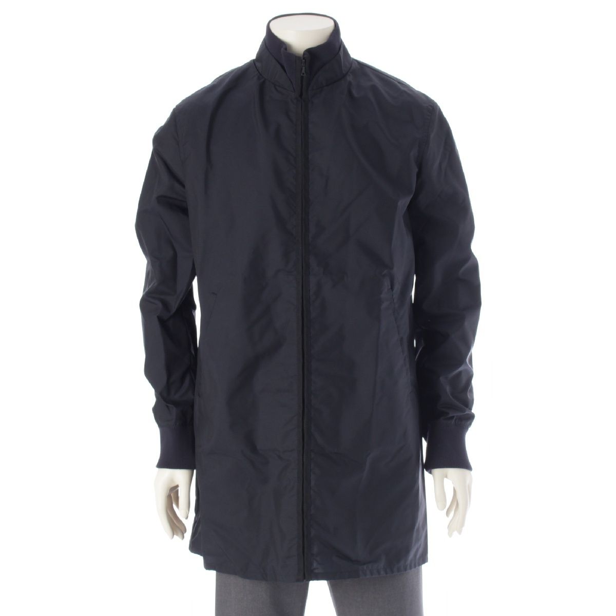 ミュウミュウ 90 s ナイロン ジップアップ ノーカラー ロング ブルゾン ジャケット アウター ネイビー M