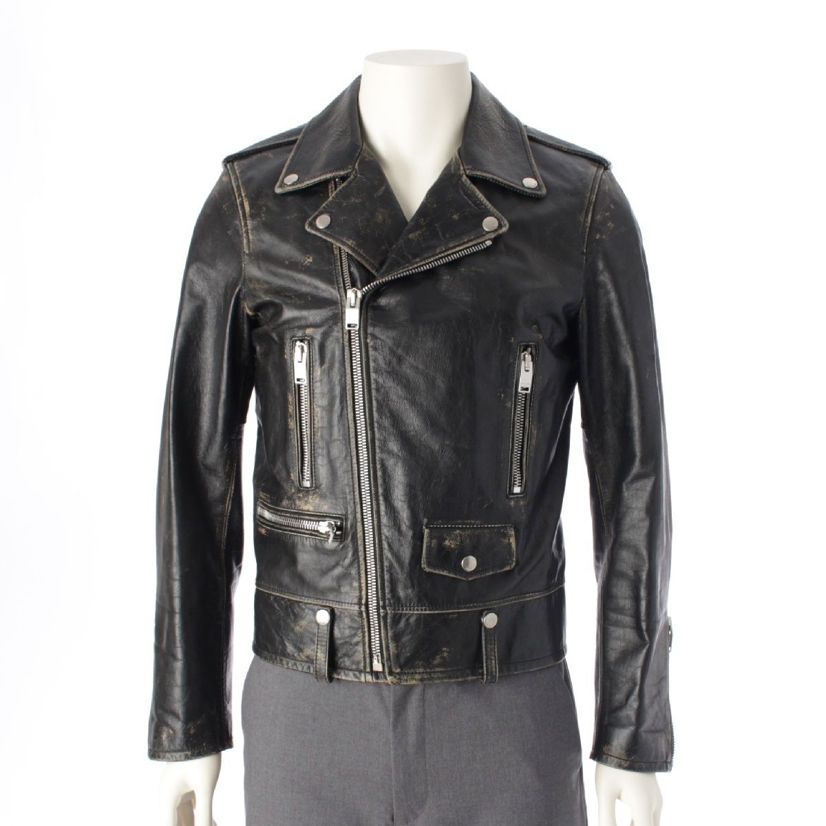 サンローラン 16 AW L 01 カウハイド 牛革 ダメージ加工 ダブル ライダースジャケット アウター 397290 ブラック 46