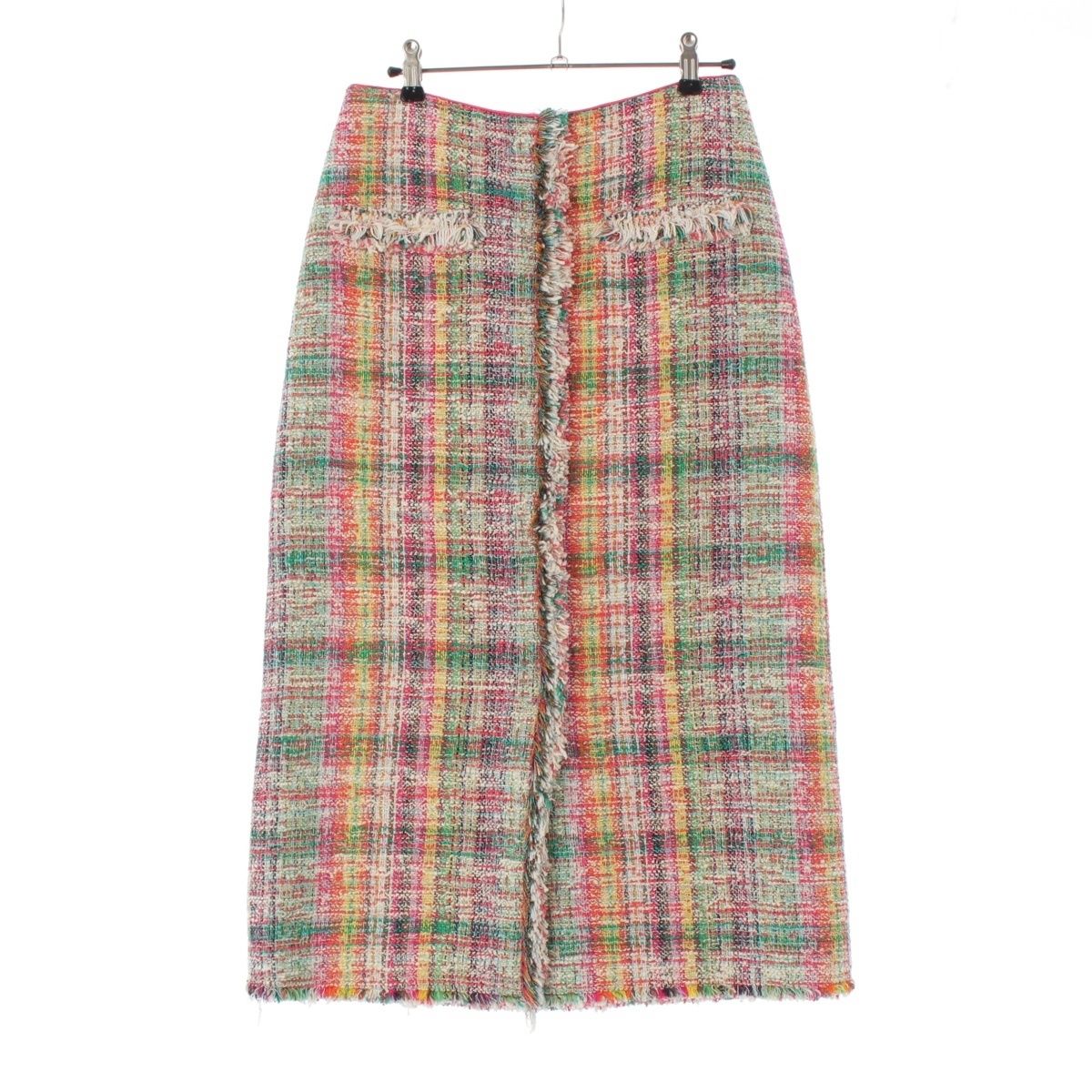 ドゥロワー 24 SS ファンシーツイードチェック スリット タイト ロング スカート 裏地シルク 6524-299-1810 マルチカラー ピンク 36