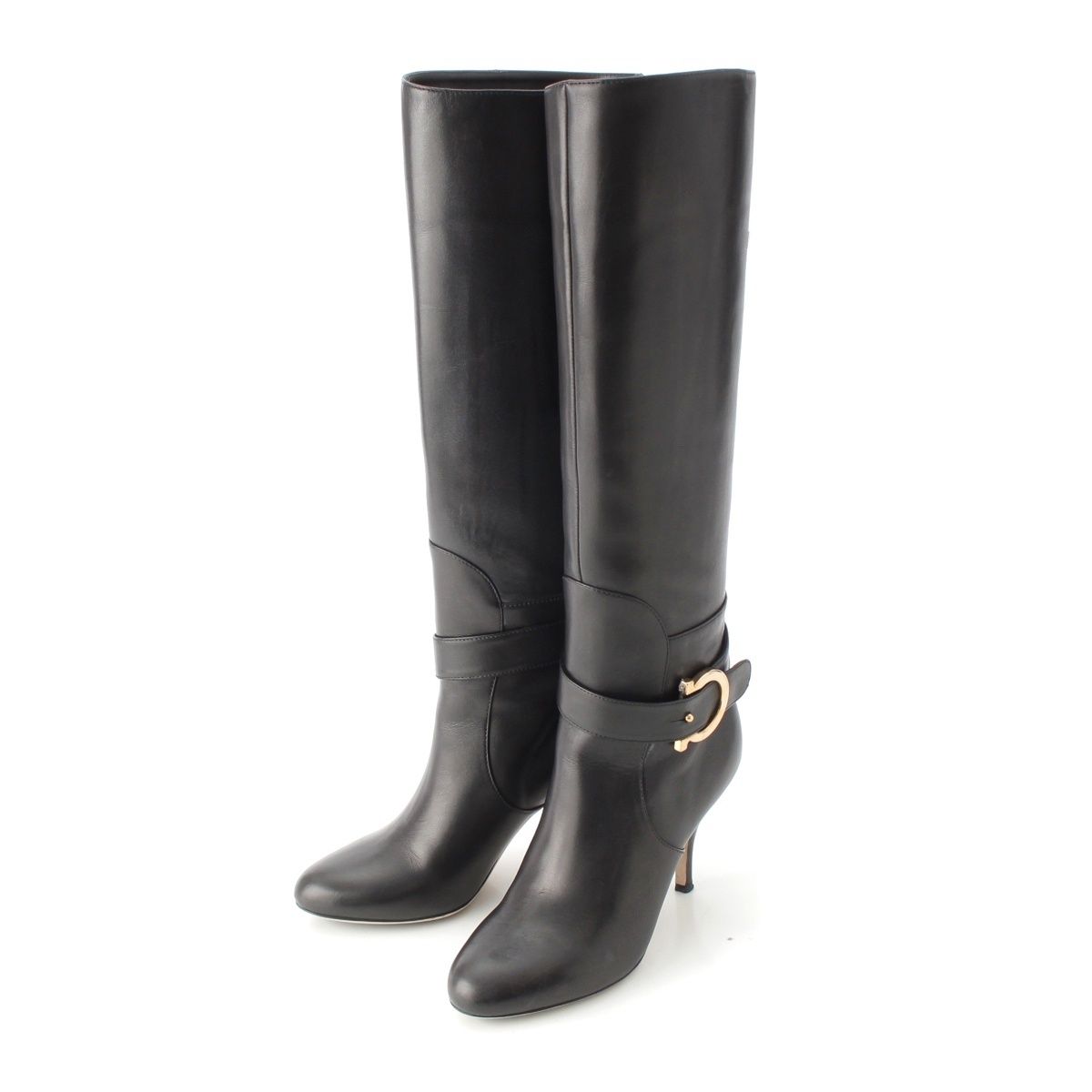 サルヴァトーレフェラガモ ガンチーニ レザー ゴールド金具 ブーツ ヒール シューズ ロング ブラック 5