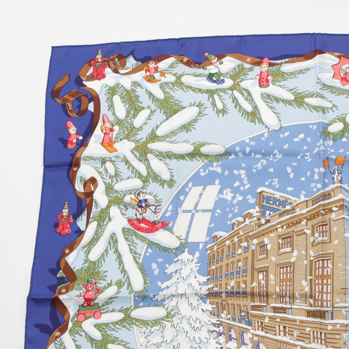 エルメス カレ90 シルク Noel au 24 Faubourg フォーブル24番地の スカーフ ホワイト ブルー