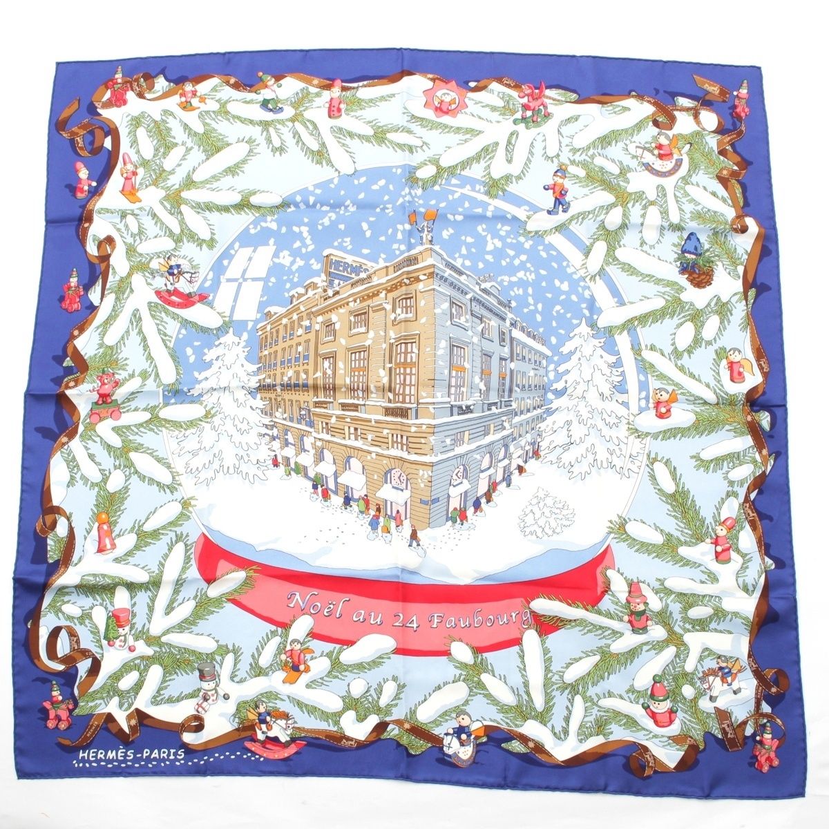 エルメス カレ90 シルク Noel au 24 Faubourg フォーブル24番地の スカーフ ホワイト ブルー