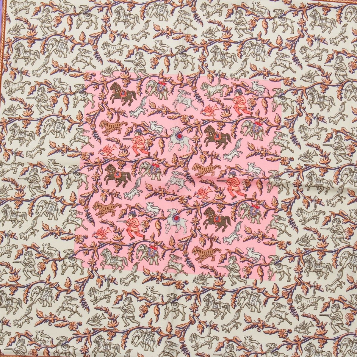 エルメス カレ90 シルク インドの狩猟 スカーフ ピンク マルチカラー