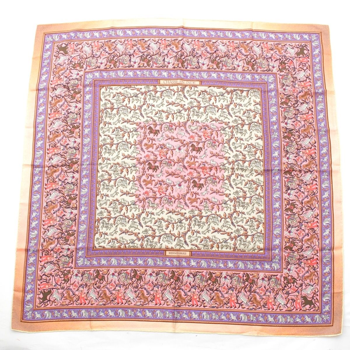 エルメス カレ90 シルク インドの狩猟 スカーフ ピンク マルチカラー