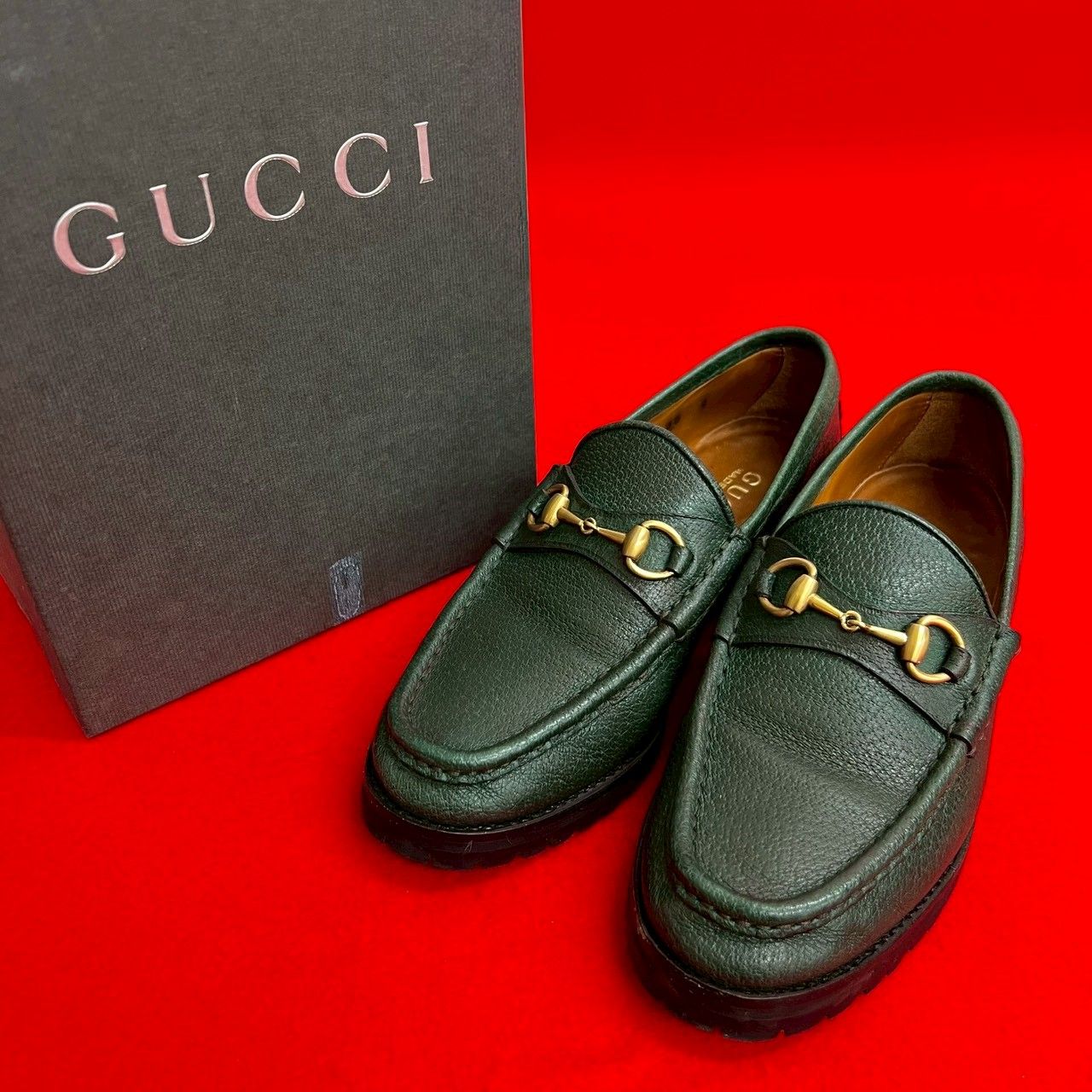 き GUCCI グッチ ホースビット 金具 レザー 本革 ローファー 靴 シューズ 35 サイズ グリーン 19770