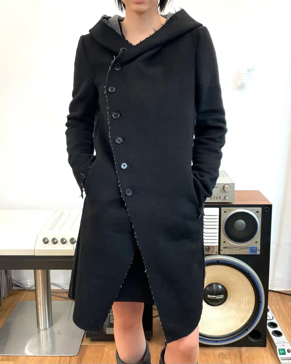 1 NOID ノアアイディー ローエッジ ダメージフリンジ ウール フーデッドコート