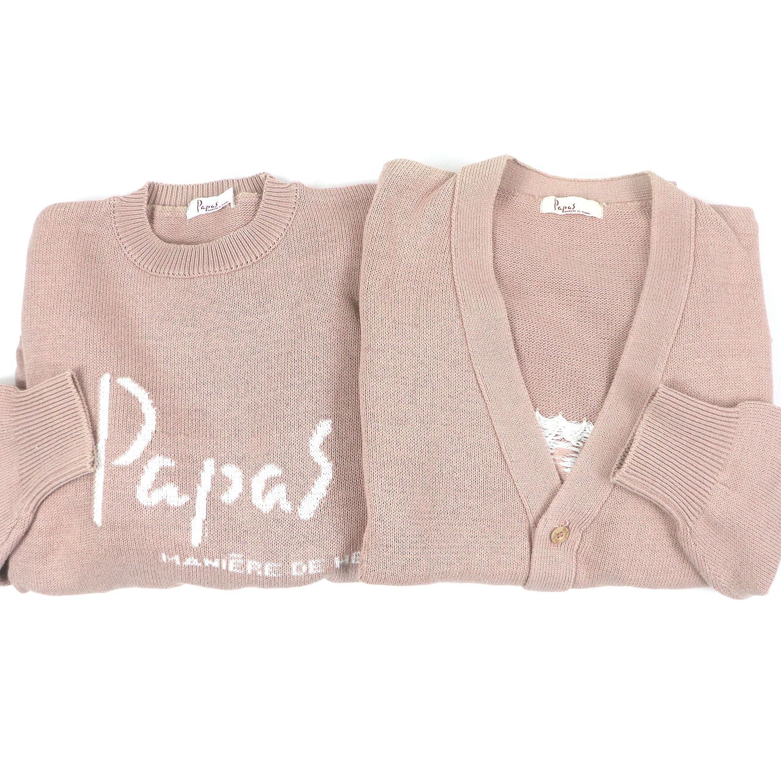 美品□Papas パパス コットン100% ロゴ入り ロングスリーブ セーター ニットカーディガン 2点セット ピンク Sサイズ相当 正規品 メンズ 美品□Papas パパス コットン100% ロゴ入り ロングスリーブ セーター