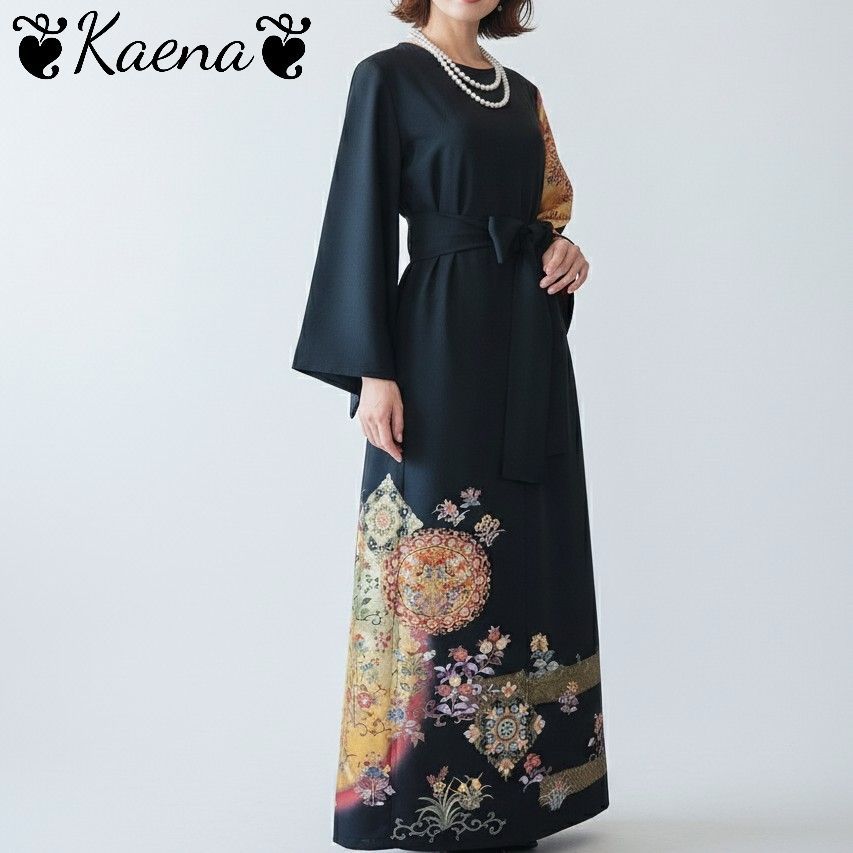 ❦Kaena❦ 着物リメイク ワンピース 袖スリット 作家物 ロング マキシ ドレス 黒留袖 Aライン ベルト紐 後ろボタン 正倉院狩猟花文 金箔 金彩 刺繍 暈染 結婚式 入学式 卒業式 パーティー オケージョン ブラック フォーマル ステージ衣装 お呼ばれ