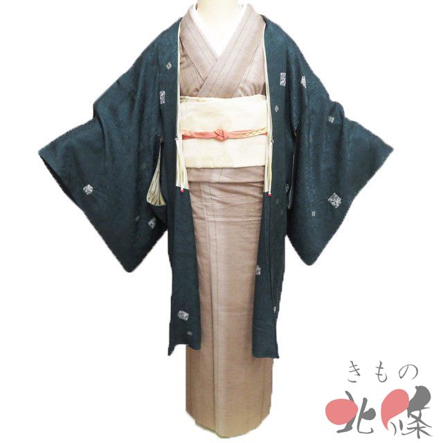 羽織 コート 着物 正絹 花鳥の図 羽織紐付き 深緑色 身丈98 cm 裄69 きもの北條 A 1317-2